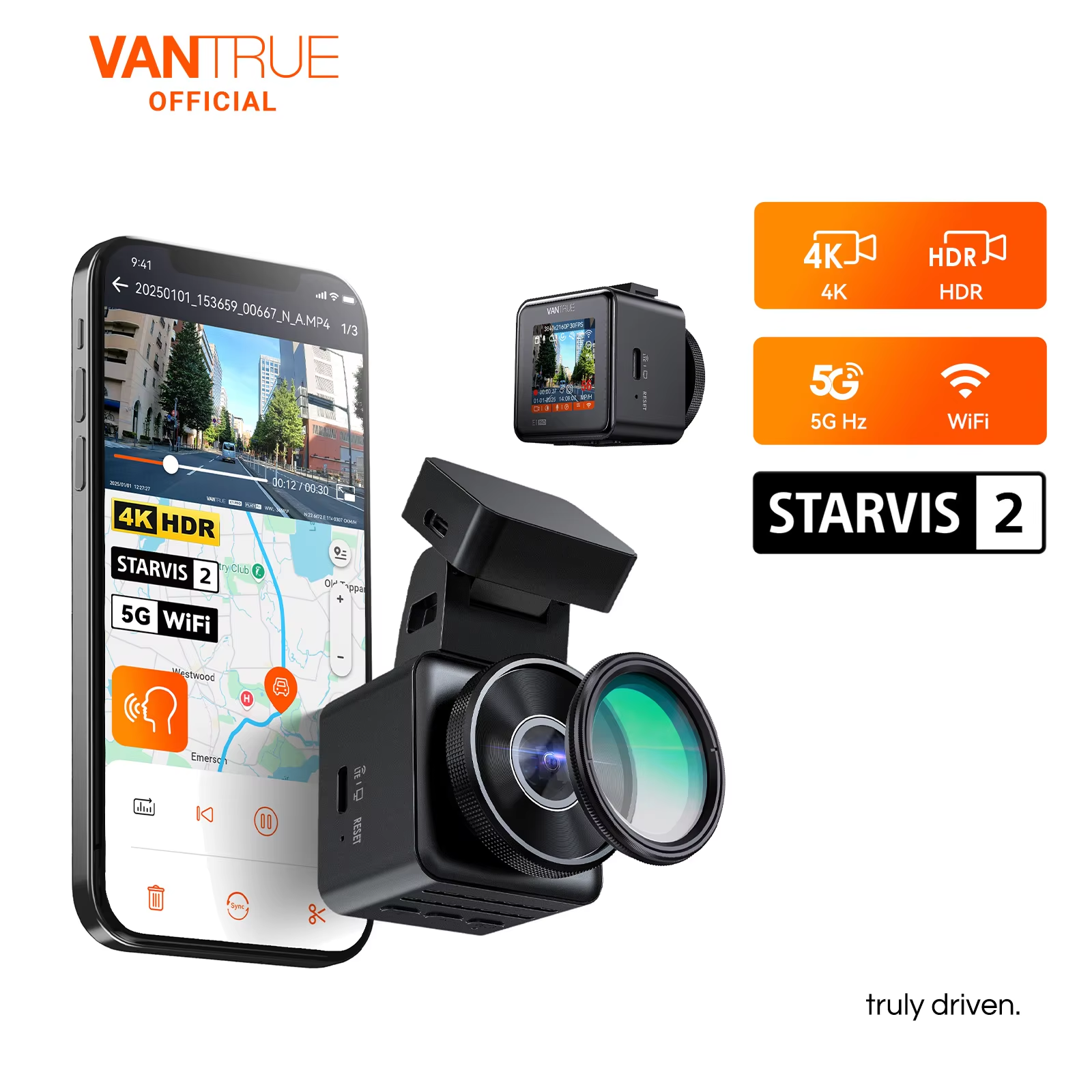 Vantrue E1 Pro 4K ミニダッシュカム フロント STARVIS 2 プレート Pix™ HDR ナイトビジョンダッシュカメラ 車用 5G WiFi