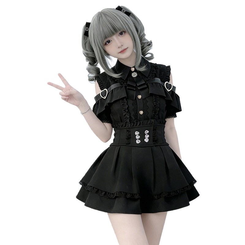 Jirai kei シャツ JK スカート和風ロリータ Y2K 甘い制服半袖ブラウストップドレス闇衣装女性女の子