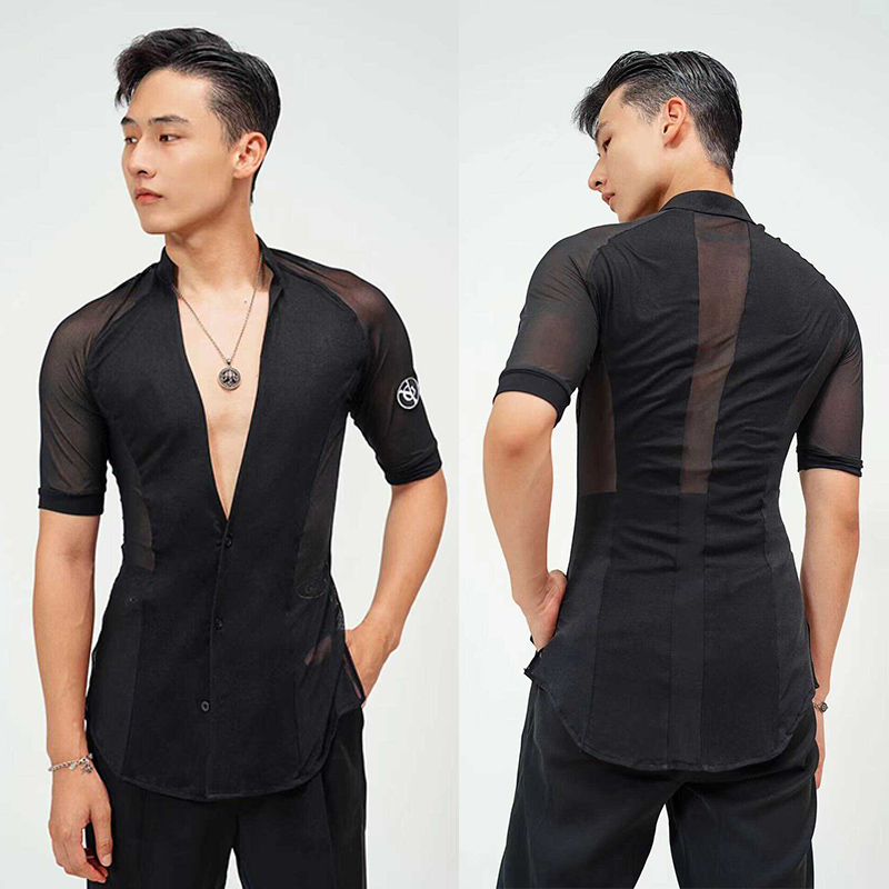 男性ラテンダンス服黒半袖トップス V ネックシャツ成人男性サルサ社交ダンス練習競技摩耗 NV22312