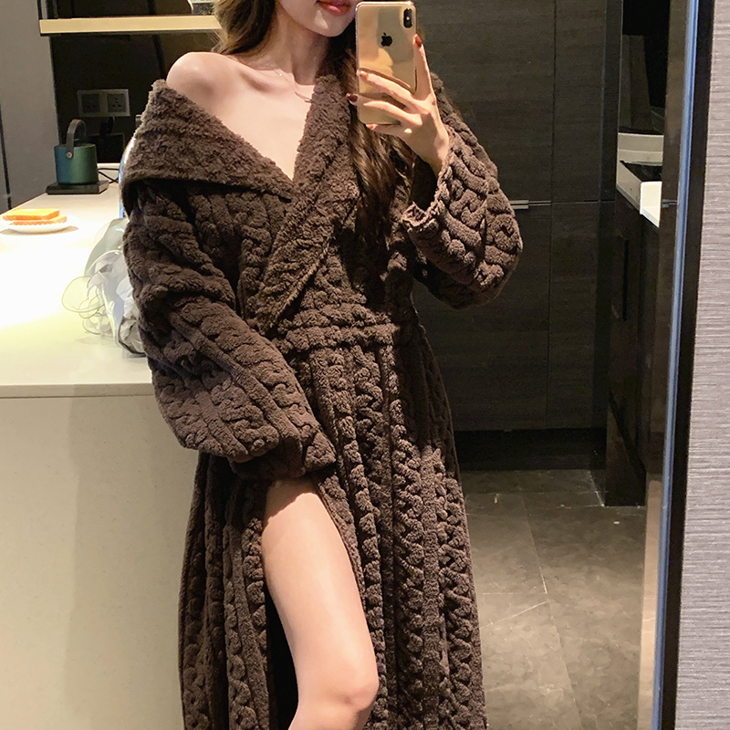フランネル着物ローブ女性の冬厚く暖かいホームパジャマ居心地の良い夜のセクシーな服韓国ファッション入札 Ropa Mujer カジュアル新