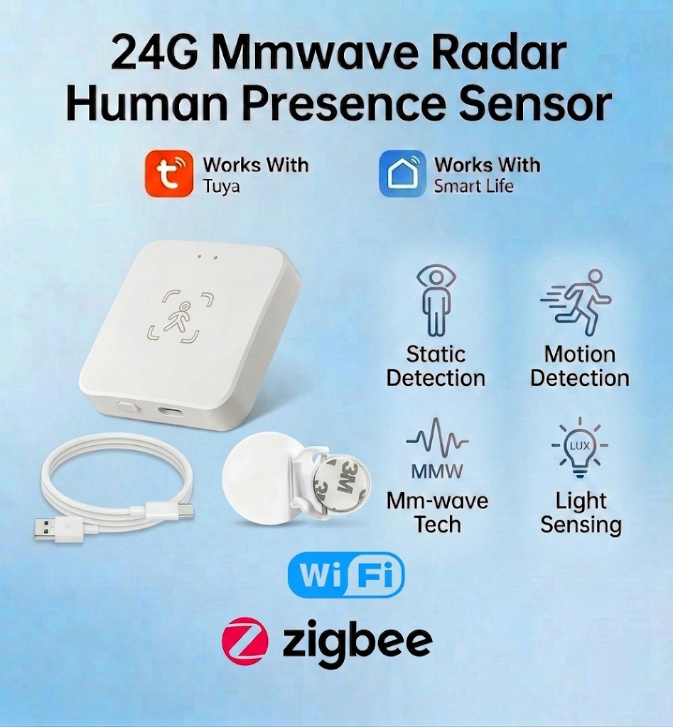 Zigbee/WiFi スマート人感センサー Tuya 24Ghz ミリ波レーダー検出 輝度/距離検出 サポート ホームアシスタント