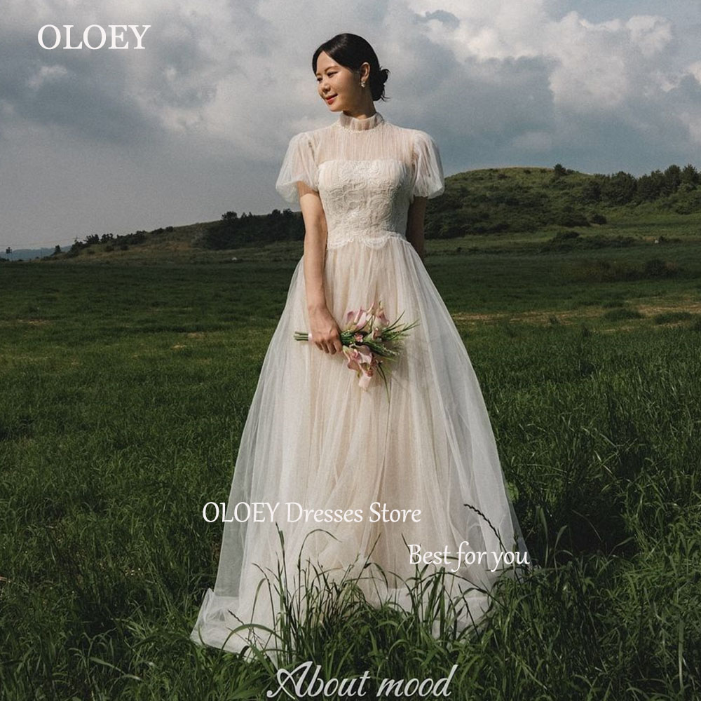 OLOEY ハイカラー半袖ウェディングドレスレース A ライン韓国写真撮影ドレス花嫁のためのエレガントなスイープトレインブライダルドレス