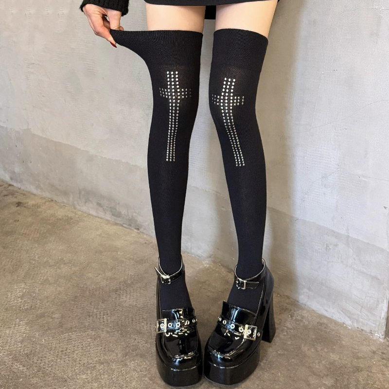 ゴシックブラックシルククロスラインストーンオーバーニーソックスキラキラダイヤモンドサスペンダーメッシュストッキングクラブパーティーファッション靴下女性用