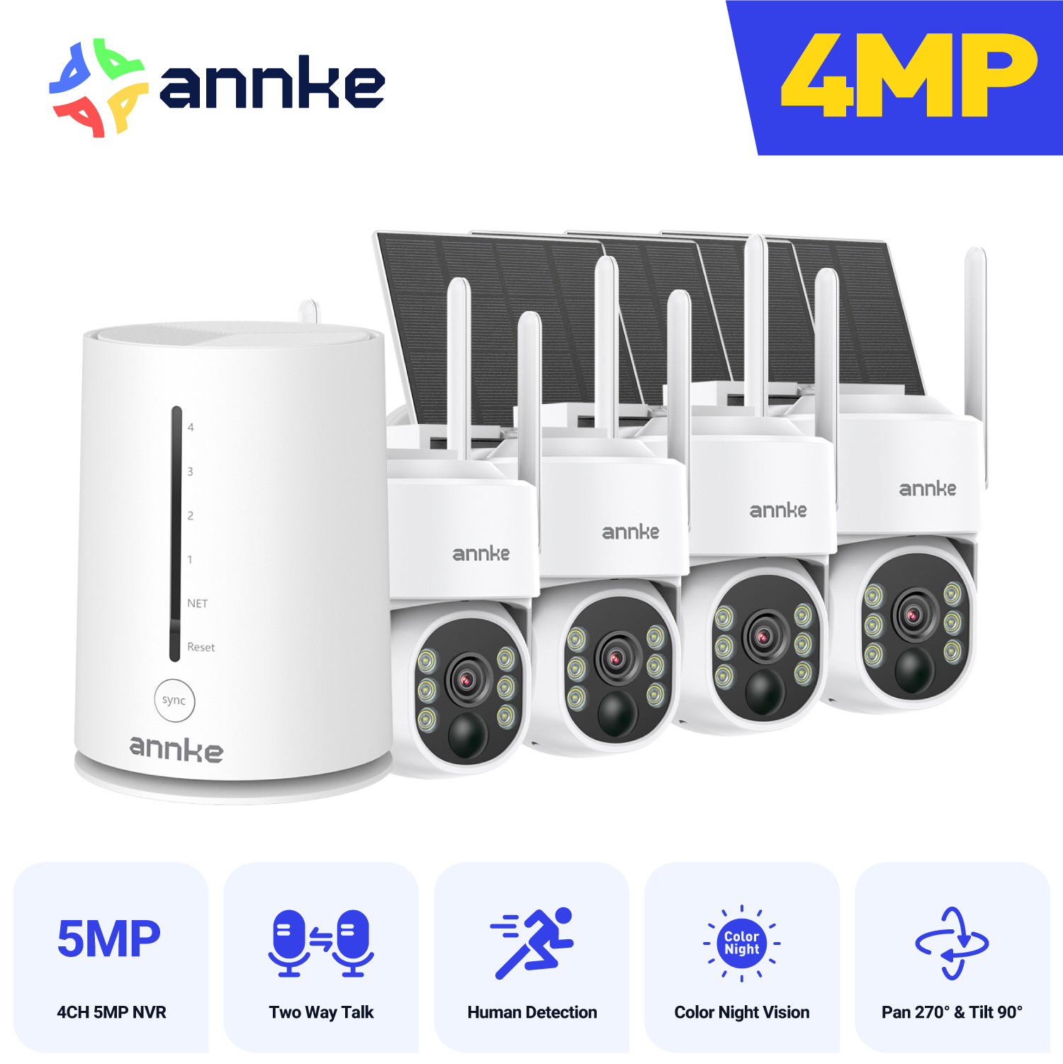 ANNKE 4MP 2K ワイヤレスホームカメラシステム 2 カムキットセキュリティシステムソーラーカメラ屋外、PIR 人間検出インスタントアラート
