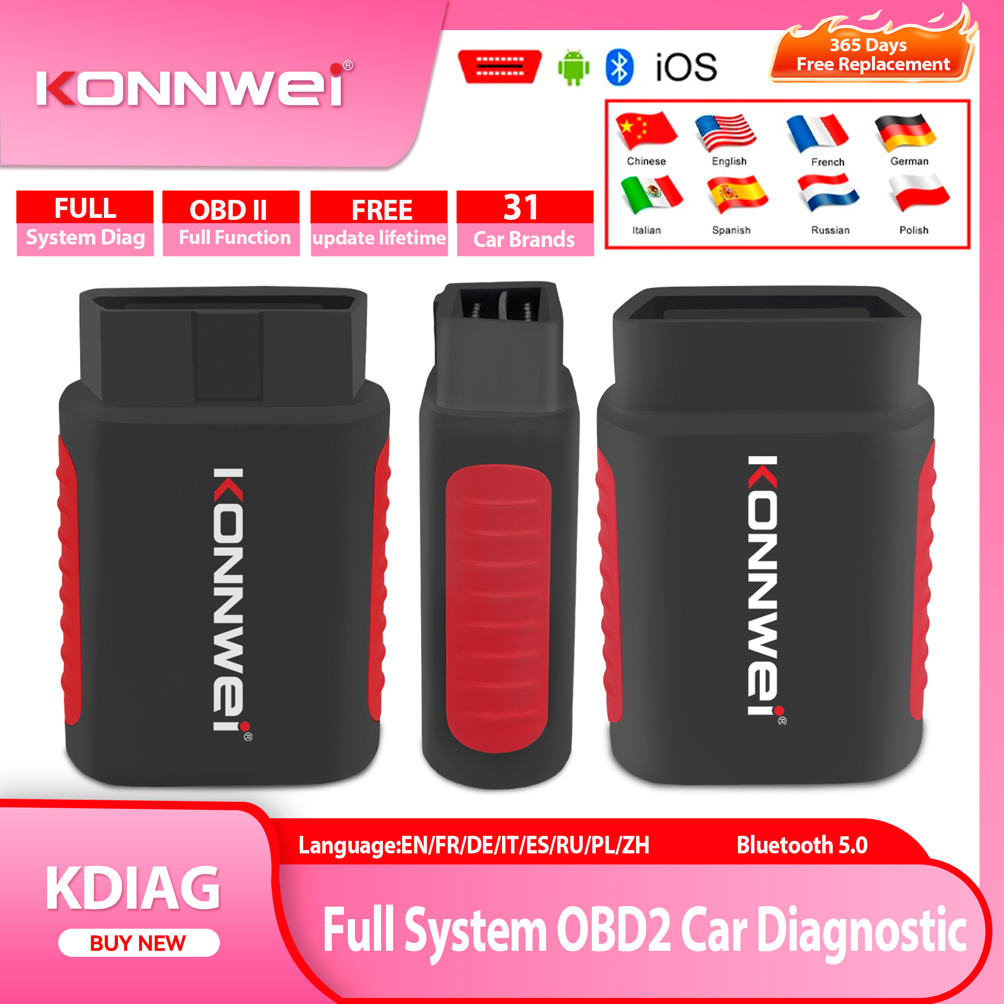 2026 KONNWEI KDIAG フルシステム OBD2 自動スキャナリセット SAS EPB サービス ECU プログラマー Bluetooth OBD 車診断ツール Pk KDIAG