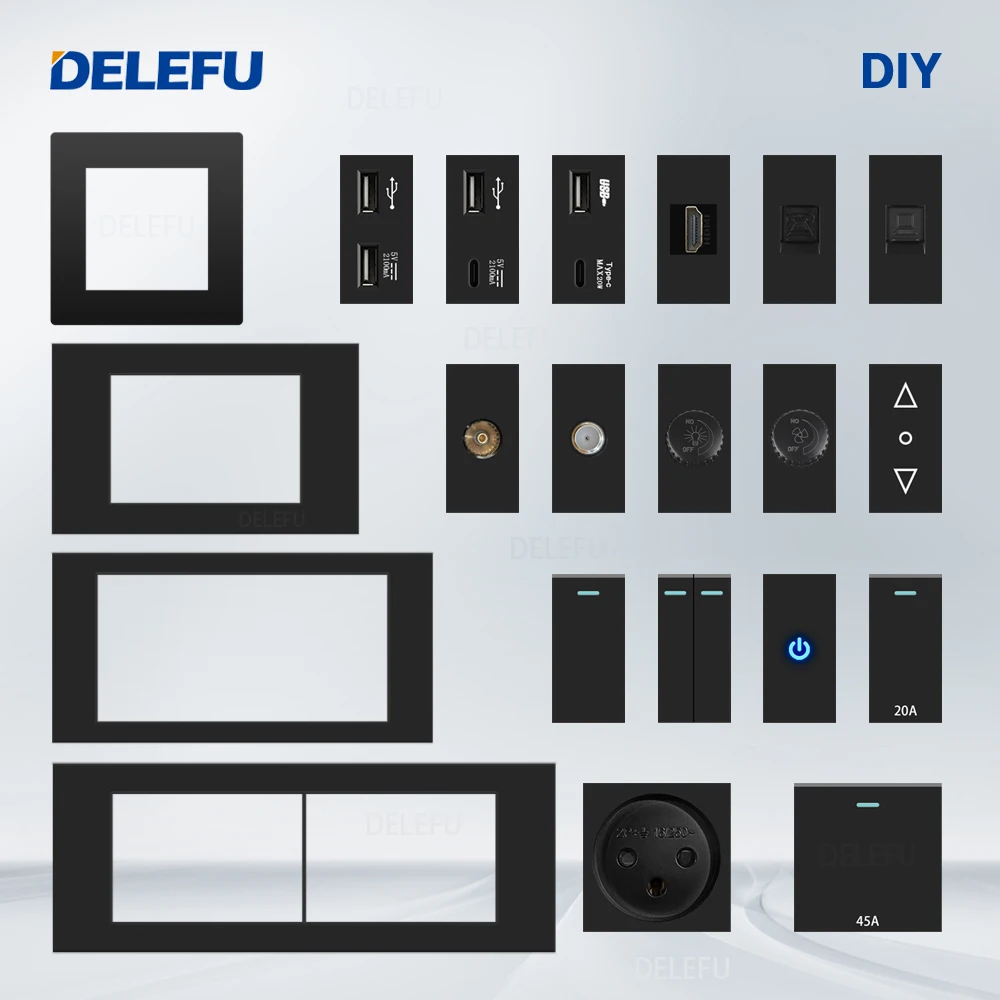 DELEFU イスラエルソケット DIY ブランクボード USB TypeC ドアベルスイッチ 45A 20A カーテン TEL CAT5 TV HDMI SAT スマートブラック