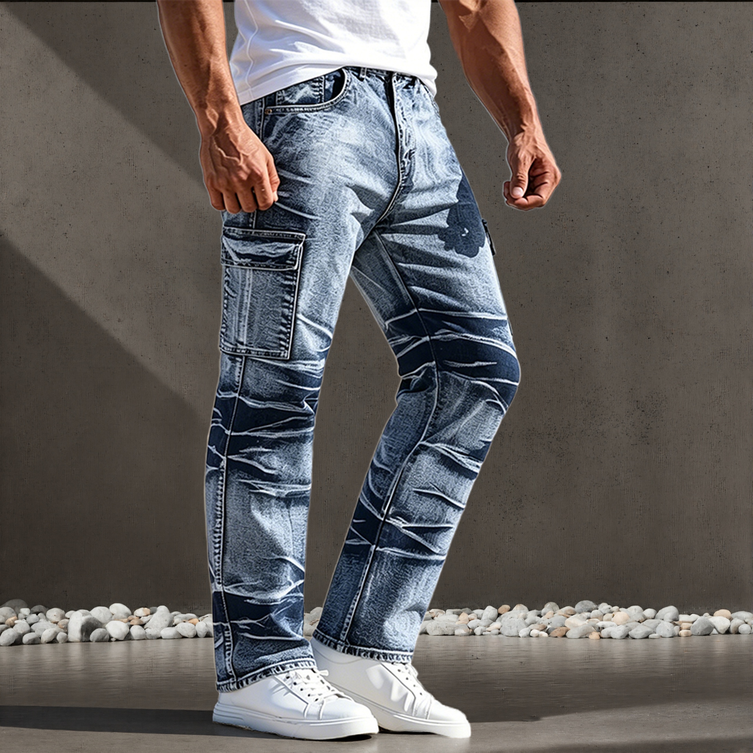メンズジーンズ、アメカジスタイル、マルチポケットデザイン、シンプルで万能なストレートパンツ、オールシーズン対応