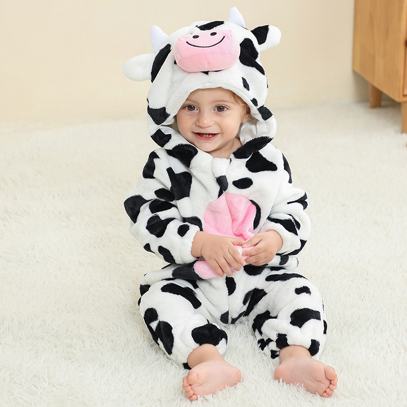 Umorden 動物ミルク乳牛コスチュームロンパース赤ちゃん男の子女の子幼児フード付きジャンプスーツカバーオール衣装フランネル 0-4Y