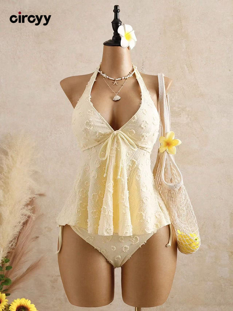 Circyy 水着女性ネックマウントバックレスビキニセットレースイエロービーチウェア夏の新しいホリデーセクシーな温泉水着