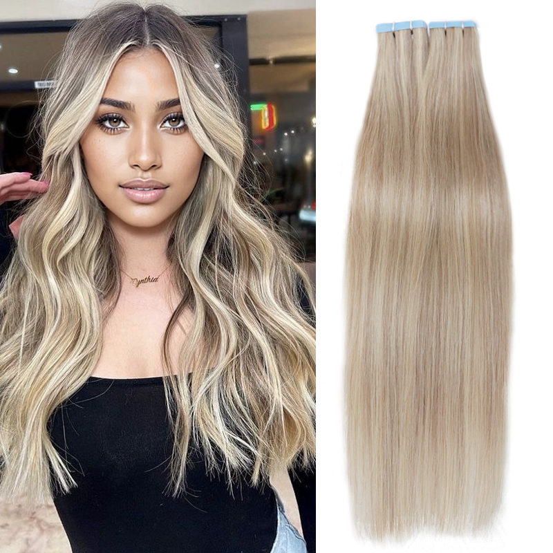 バレイヤージュテープ ヘアエクステンション 人毛「グレーブラウンブロンド P18-613」 スキンヨコ糸粘着テープヘアナチュラルソフト 12-24 インチ 20 個