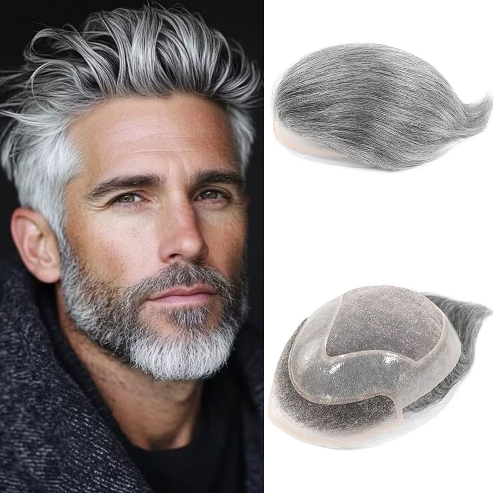 #1B40/#1B60/#1B80 Grey Men's Toupee Hair Replacement System Human Hairpiece Back Style Mono PU Breathable Lace Front Male Wig