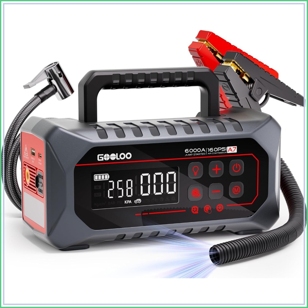 エアコンプレッサー付き 6000A ジャンプスターター、全ガス用 160PSI タイヤインフレーター