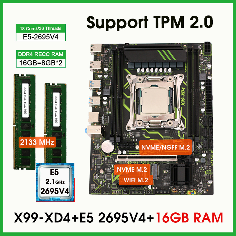 X99 XD4 TPM2.0 PIN マザーボードキット Xeon E5 2695 V4 CPU LGA 2011-3 プロセッサと 16 ギガバイト (2*8 ギガバイト) DDR4 メモリセット X99 Placa Mae