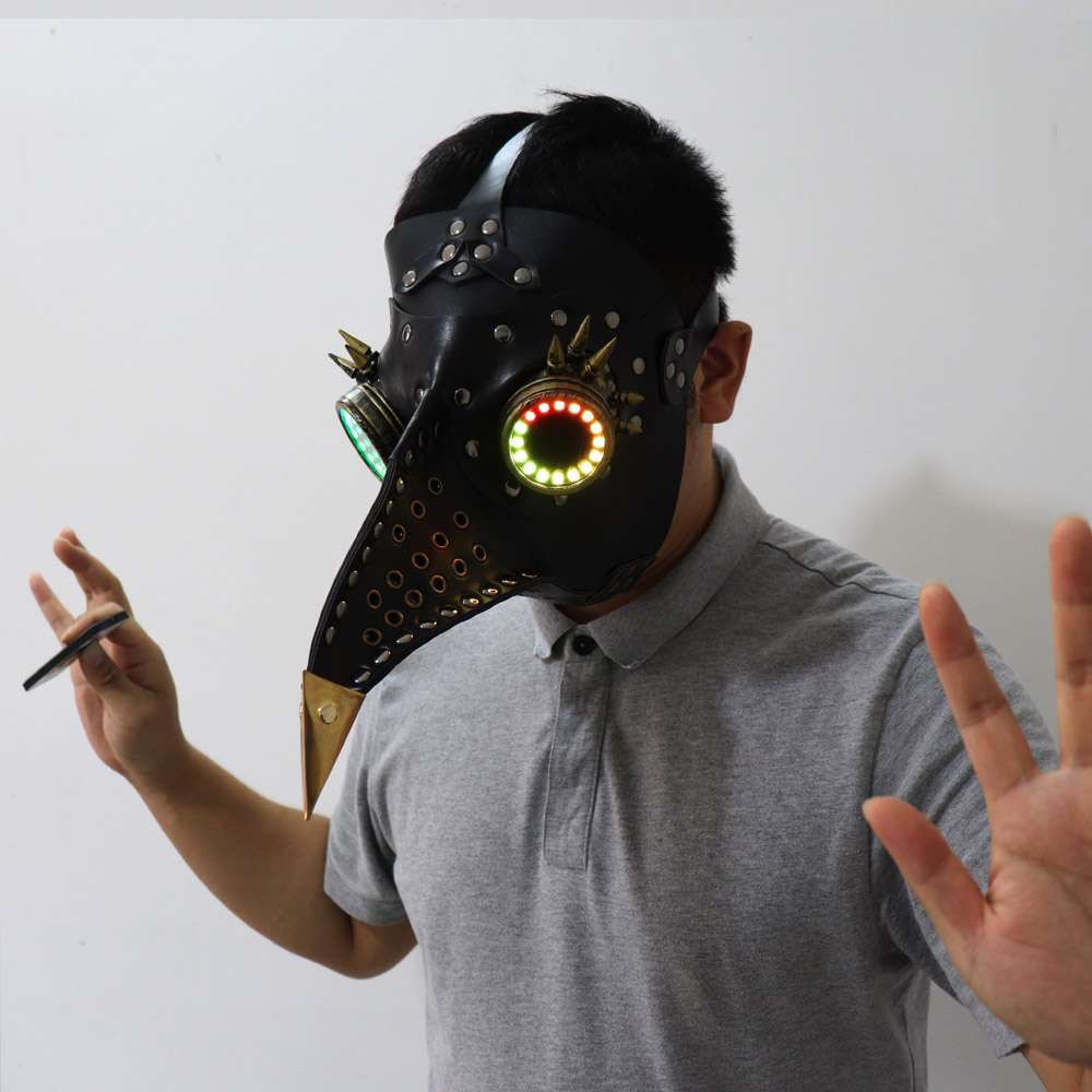 フルカラー LED 照明スチームパンクペスト鳥ドクターマスクブラウン PU レザー鳥くちばしマスクゴシックレトロハロウィンコスプレ