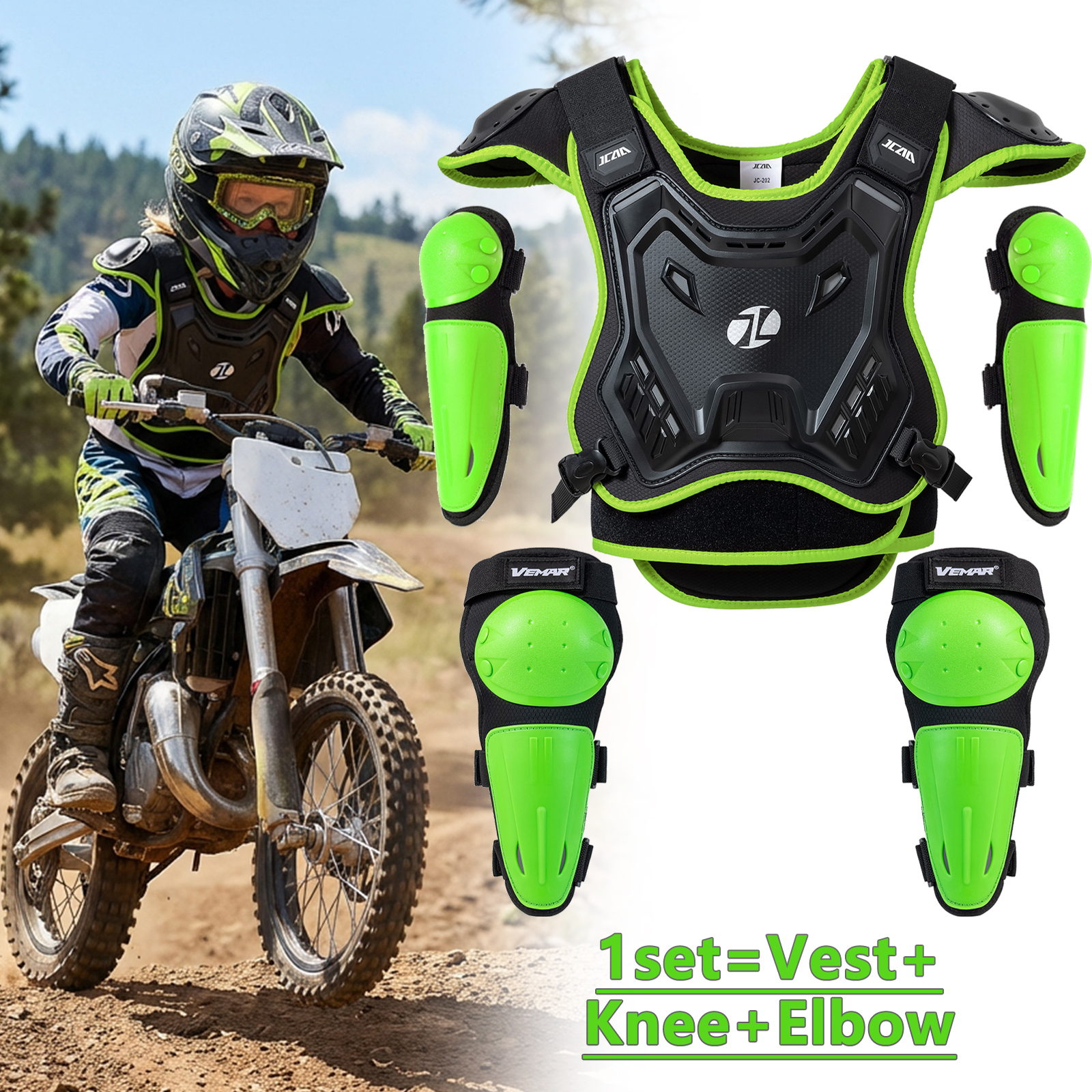 プロフェッショナルキッズモトクロスアーマーセットボディガードベスト胸バック膝肘パッド MTB BMX エンデューロスケートボードスクータースキー用