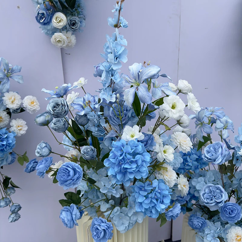 青白フラワーランナー結婚式の背景の装飾パーティーイベント装飾造花ロードリードフラワーボールハングフラワー行