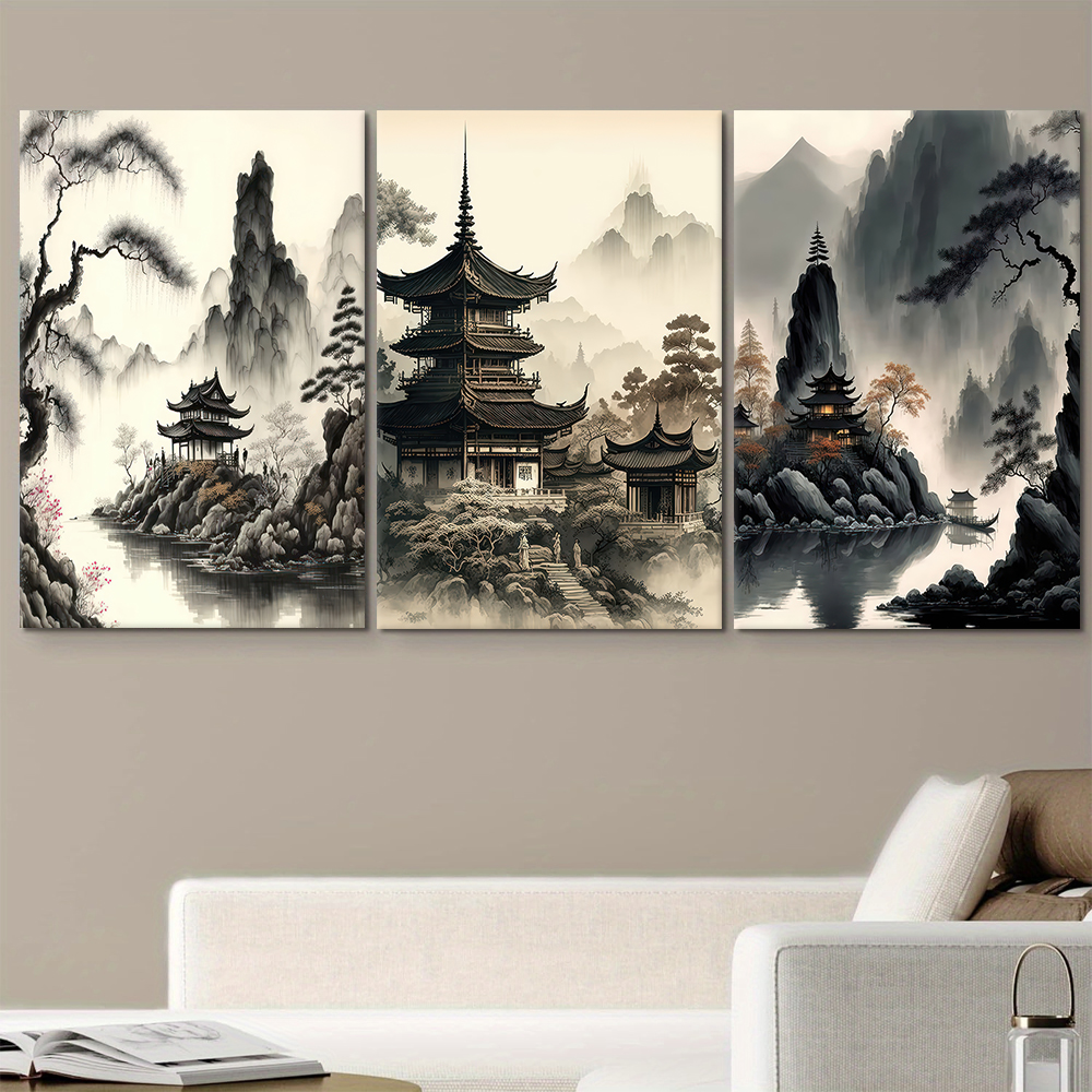 新しい中国の水墨風景キャンバス装飾画 3 枚、中国風の禅風景パビリオン、リビング ルーム、エントランス