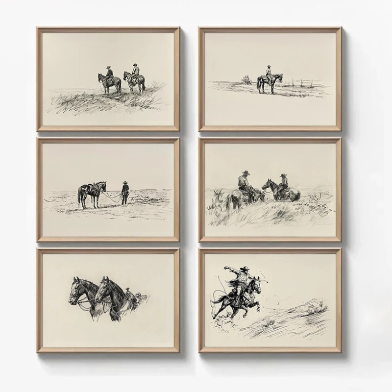 レトロなミニマリスト西部カウボーイ馬スケッチカントリーポスターキャンバス絵画壁アート写真家の農家の装飾