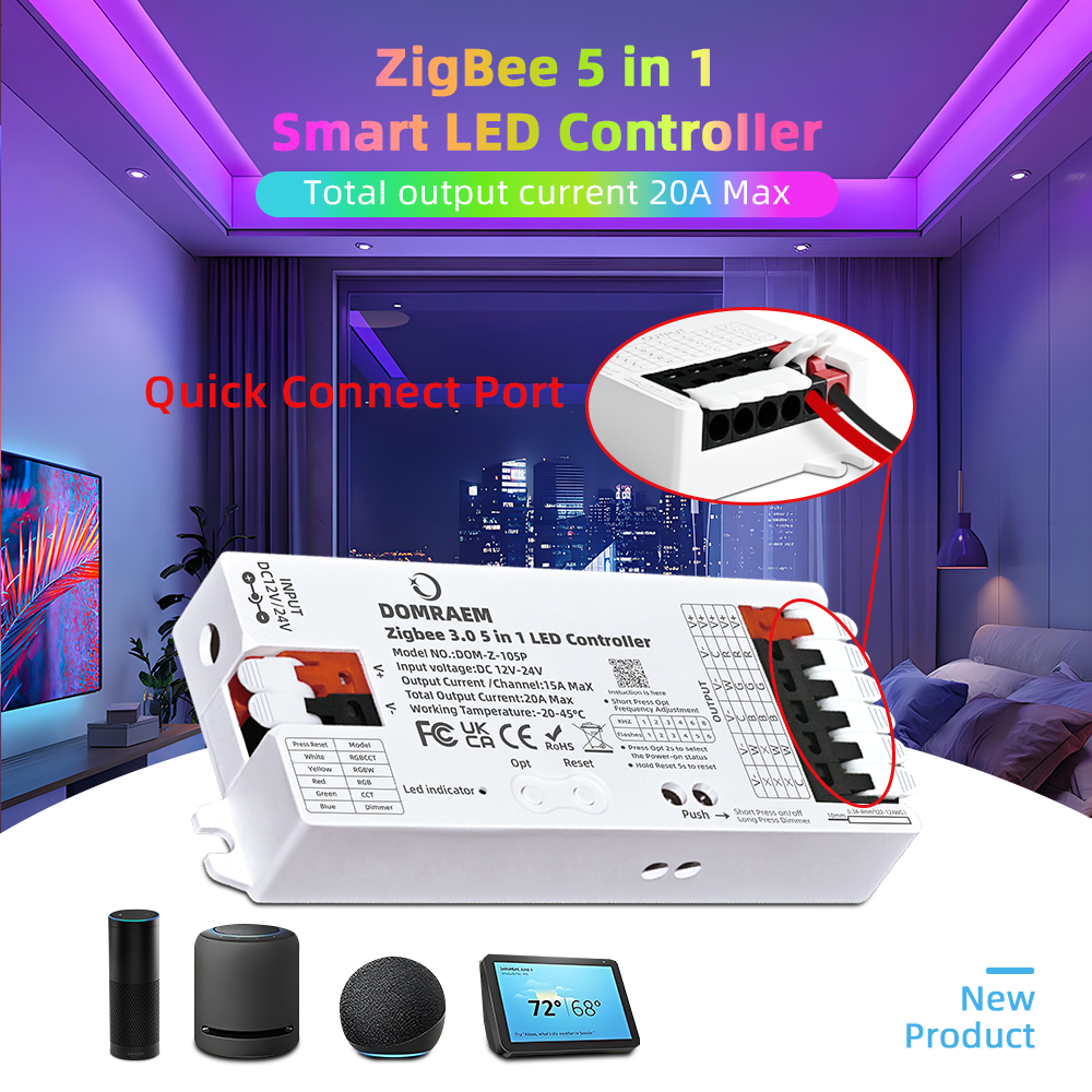 DOMRAEM Zigbee 3.0 5 in 1 LED ストリップ コントローラー DIMMER CCT RGB RGBW RGBCCT HU*E SmartThings APP 音声と互換性 20A 最大
