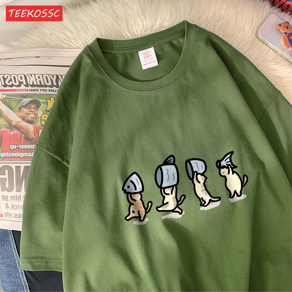 四匹の猫保持フィッシュコットン女性 Tシャツ漫画プリント Tシャツソフト O ネックルーズ半袖トップス夏服