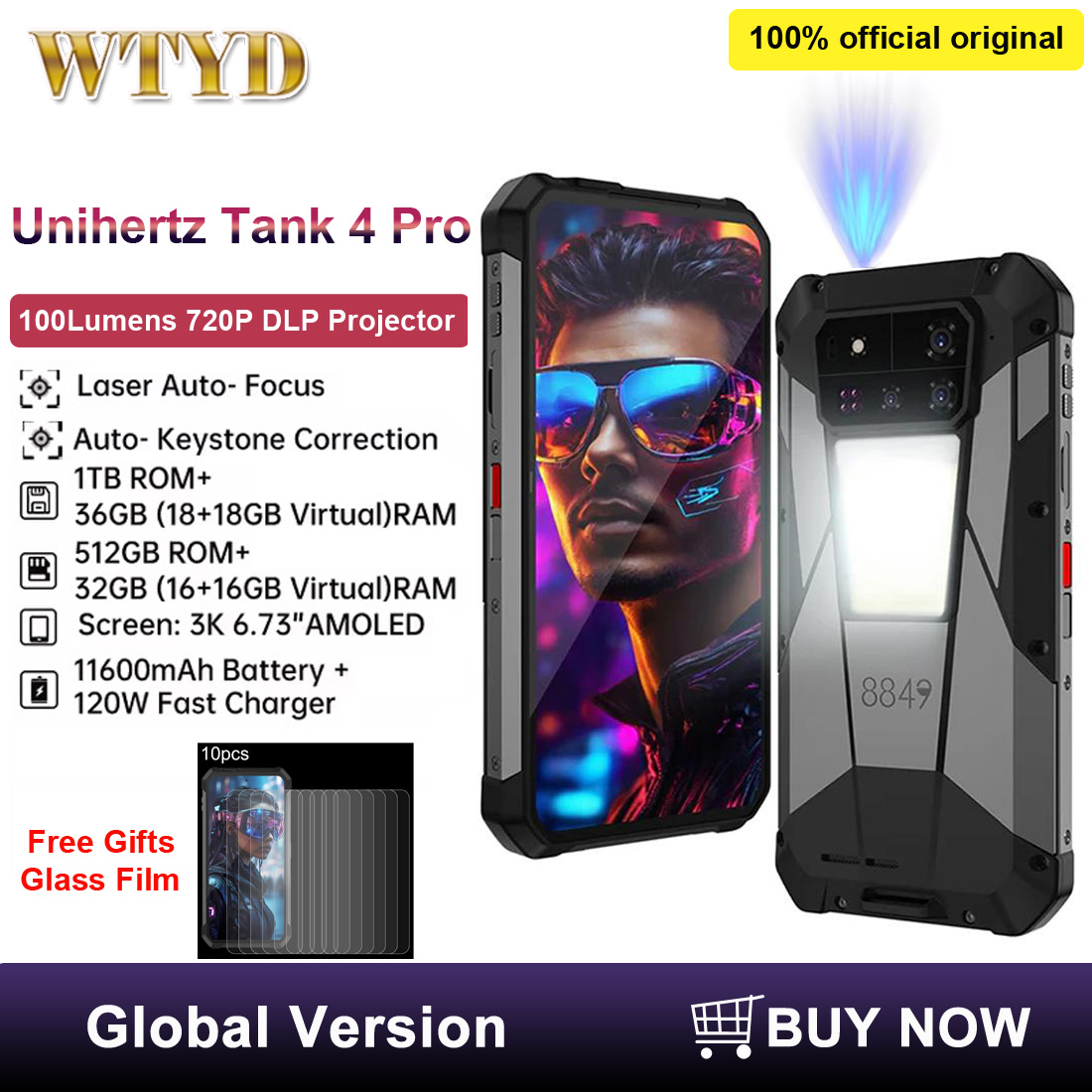 Unihertz Tank 4 Pro プロジェクター頑丈な電話 18GB 1TB/16GB 512GB ナイトビジョン 6.73 ''寸法 8300 11600 mAh NFC 5G スマートフォン