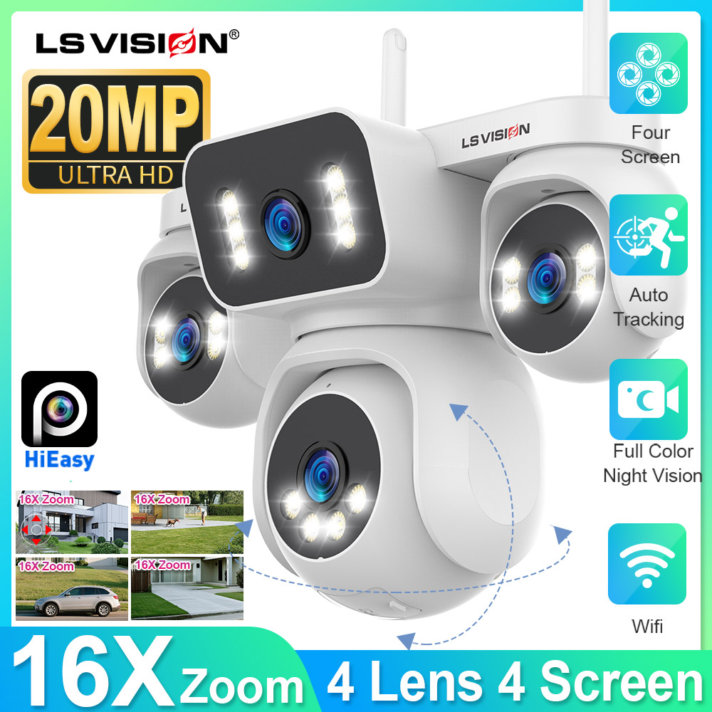 LS VISION 4レンズ4画面WiFi屋外スマートセキュリティカメラ（パン/チルト機能付き、20MP、16倍ズーム、ナイトビジョン、動体検知、音声検知機能搭載）