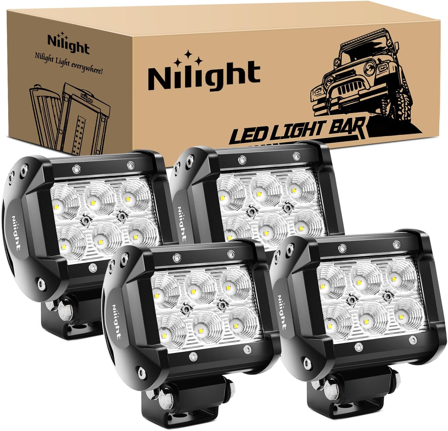 Nilight LED ポッド 4 個 18W 1260lm フラッド LED ライトバー ドライビングフォグライト オフロードライト ワークライト 24V 12V オートバイ バン キャンピングカー ワゴン 車 ピックアップ ATV UTV SUV トラック ボート用