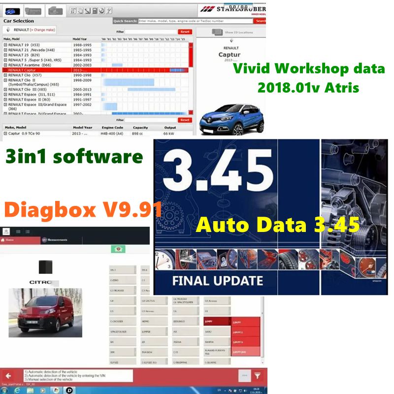 2025 NEW Auto Data 3.45 Diagbox V9.91 Vivid Workshop Data Atris Stakis 2018.01V 診断ツール ソフトウェア 3 IN 1 ソフトウェア