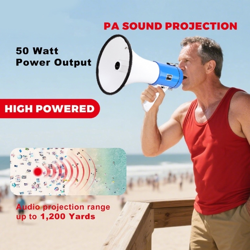 50W電源ポータブルメガホン、充電式バッテリーと屋外およびパブリックアドレス用ハンドヘルドマイク付きH8WD