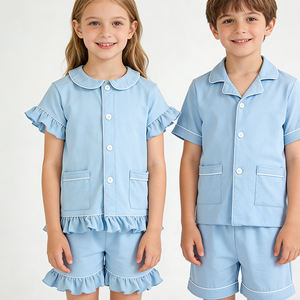 高品質な子供用パジャマセット（2点セット）。ショート丈のパジャマ。男児・女児用。フリル付き。夏用パジャマセット。夜間の睡眠に最適。