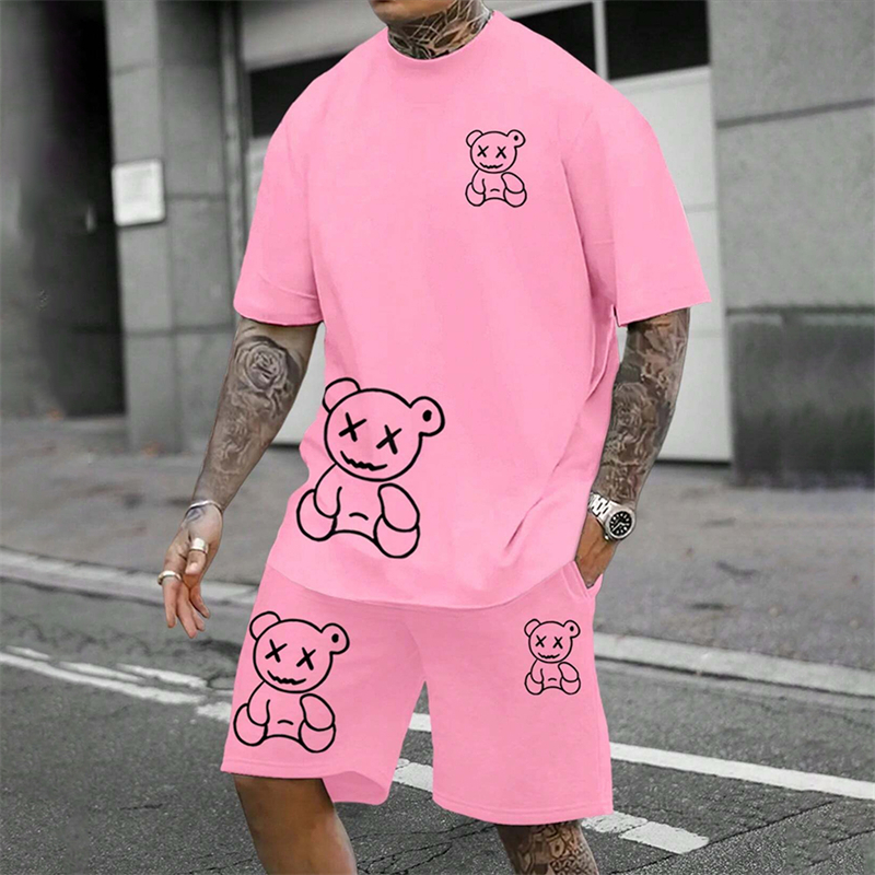 2024 楽しいクマ原宿 Tシャツメンズ夏ルーズデイリーカップルスーツ屋外ストリート半袖ショーツツーピース男性夏のスーツ