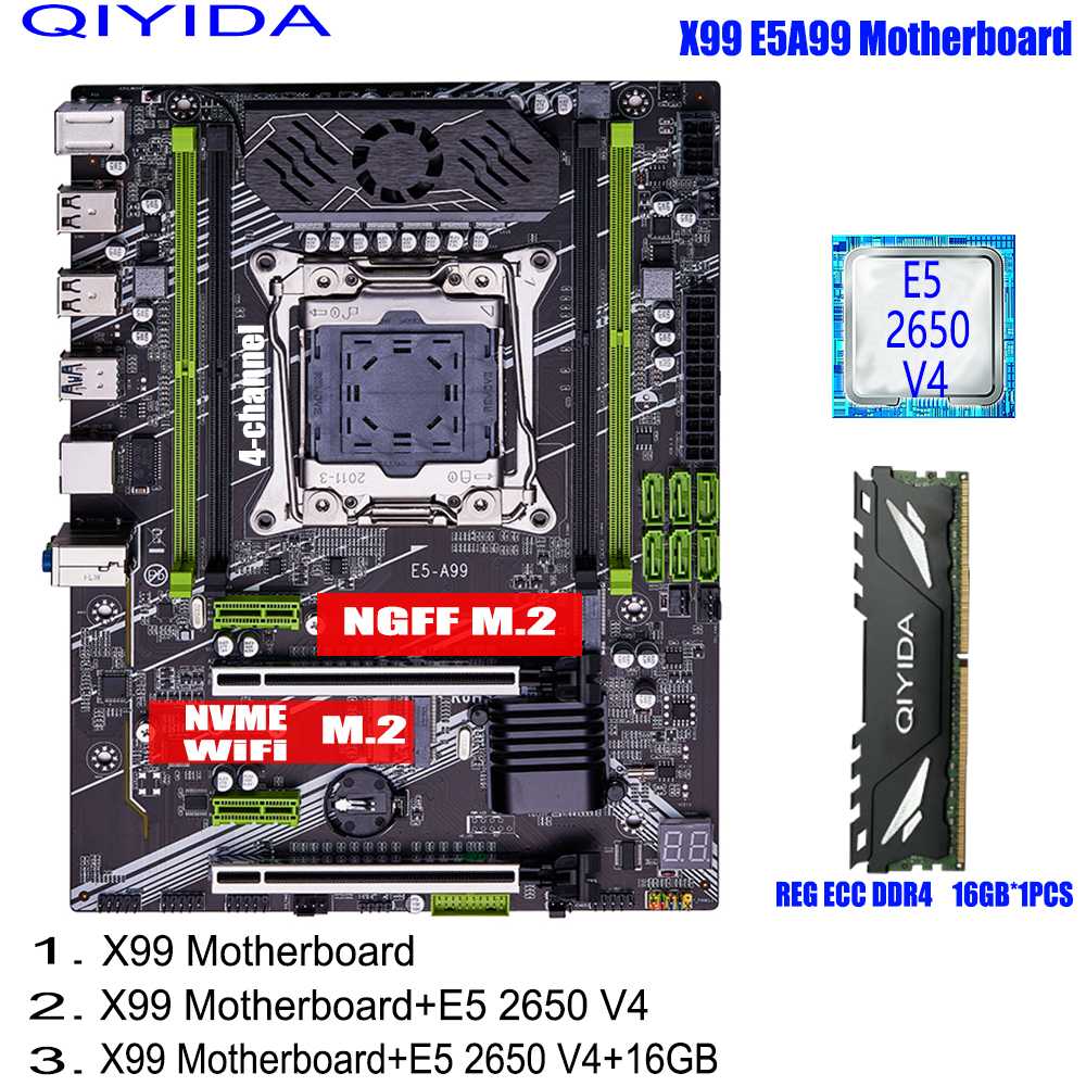QIYIDA X99 Motherboard Set Kit Xeon LGA2011-3 E5 2650 V4 1pcs*16gb=16GB DDR4 4 channels SATA 3.0 nvme M.2 SATA 3.0 E5 A99