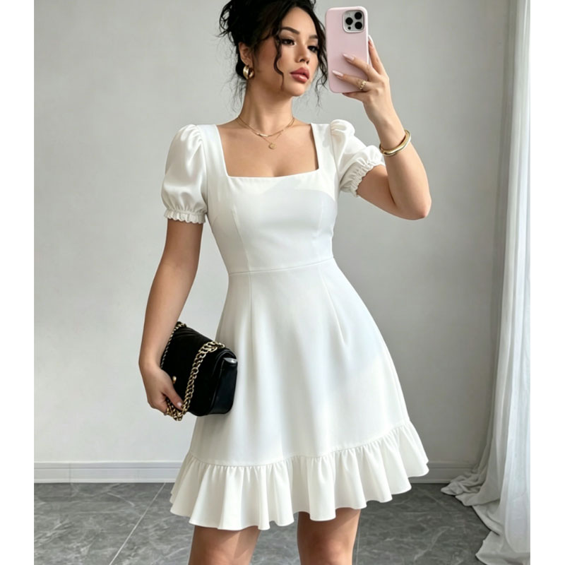 Women's New Summer French Elegant Solid Square Neck Waist-Cinched Mini Dress, Casual Short Dress for Outdoor Dating