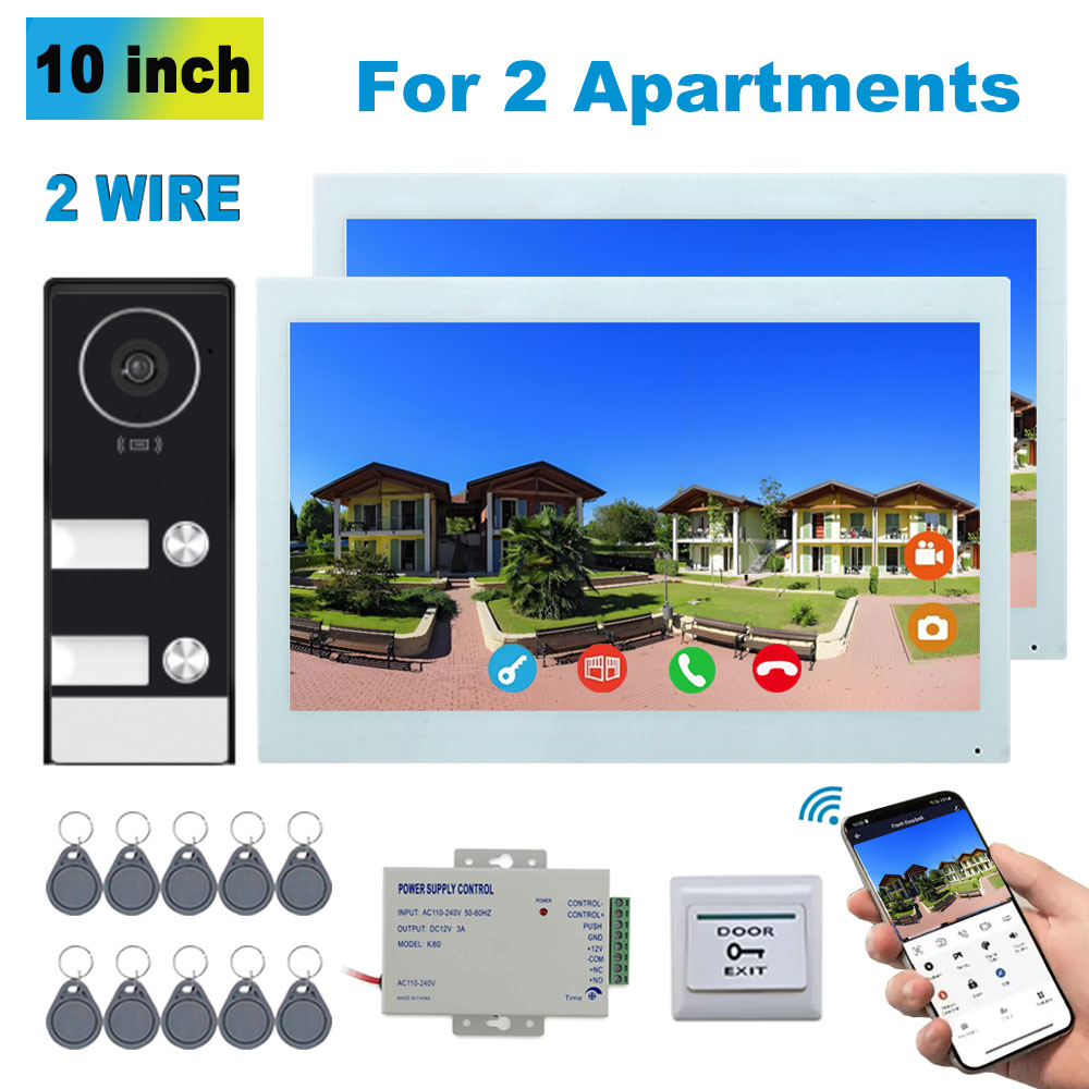 2 Unit Apartments 2 Wire 10 inch Touch Screen Video Intercom Home Residential WiFi Video Doorphone System RFID Card APP Unlock