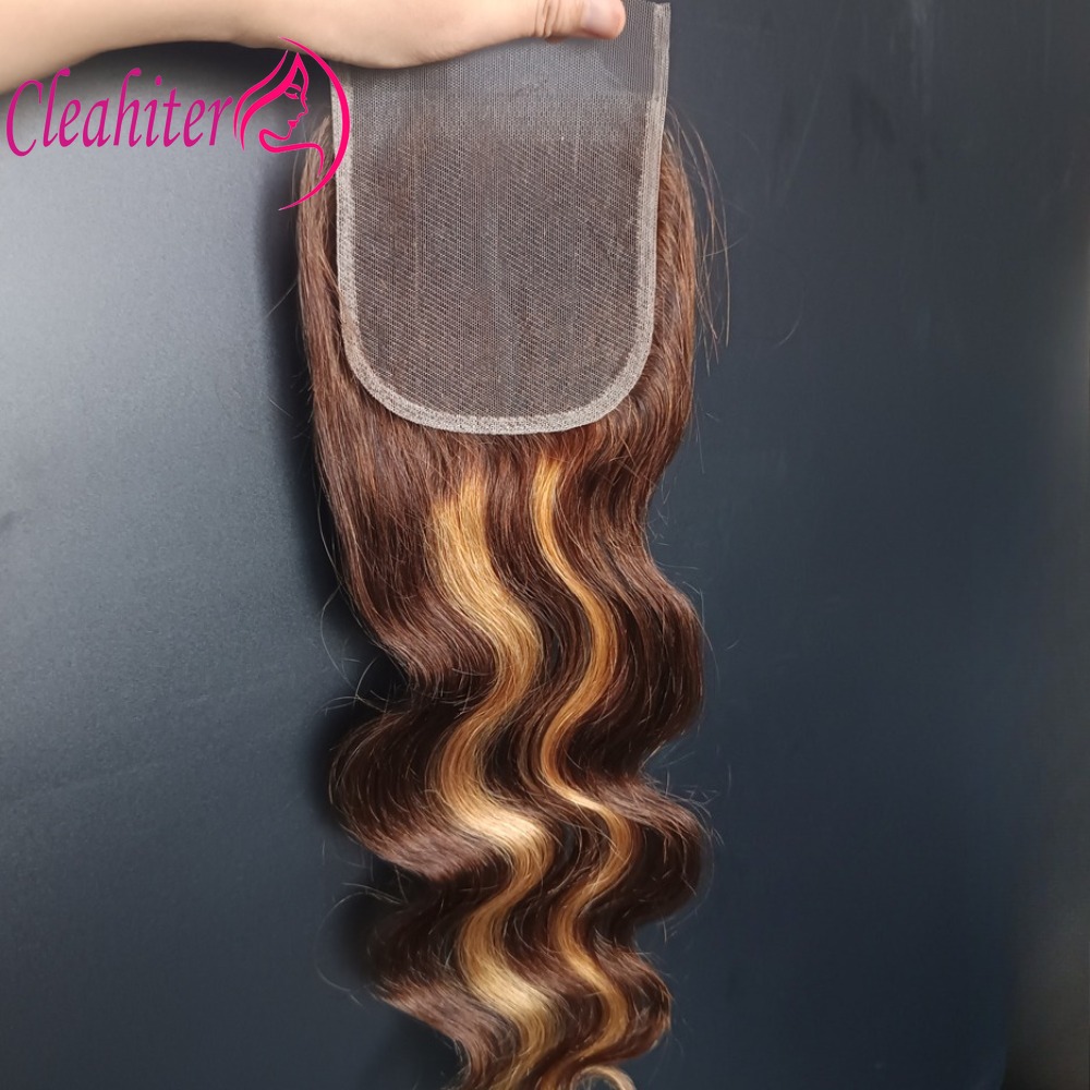 ハイライト P427 4x4 実体波人毛レース閉鎖事前摘み取り生え際ブラジルのバージンヘアフルエンド 10-20 インチ 150% 密度