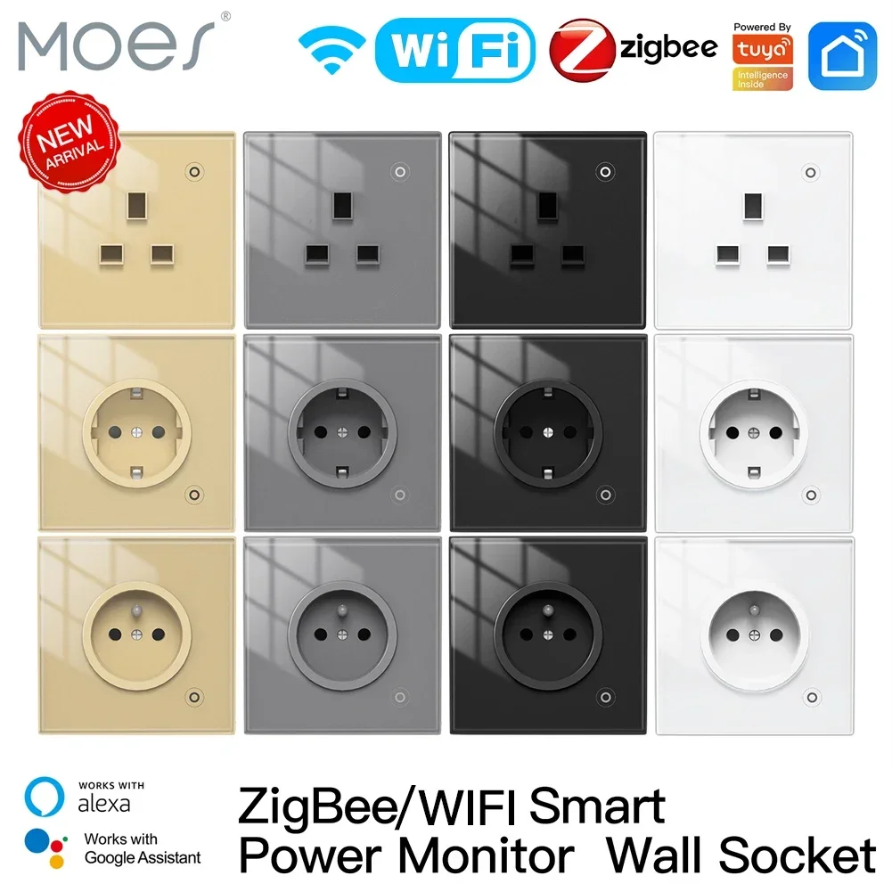 Moes ZigBee 壁ソケット WIFI スマート ガラス パネル コンセント パワー モニター tuya ワイヤレス コントロール タイマー Alexa Google Home 音声 UK EU FR
