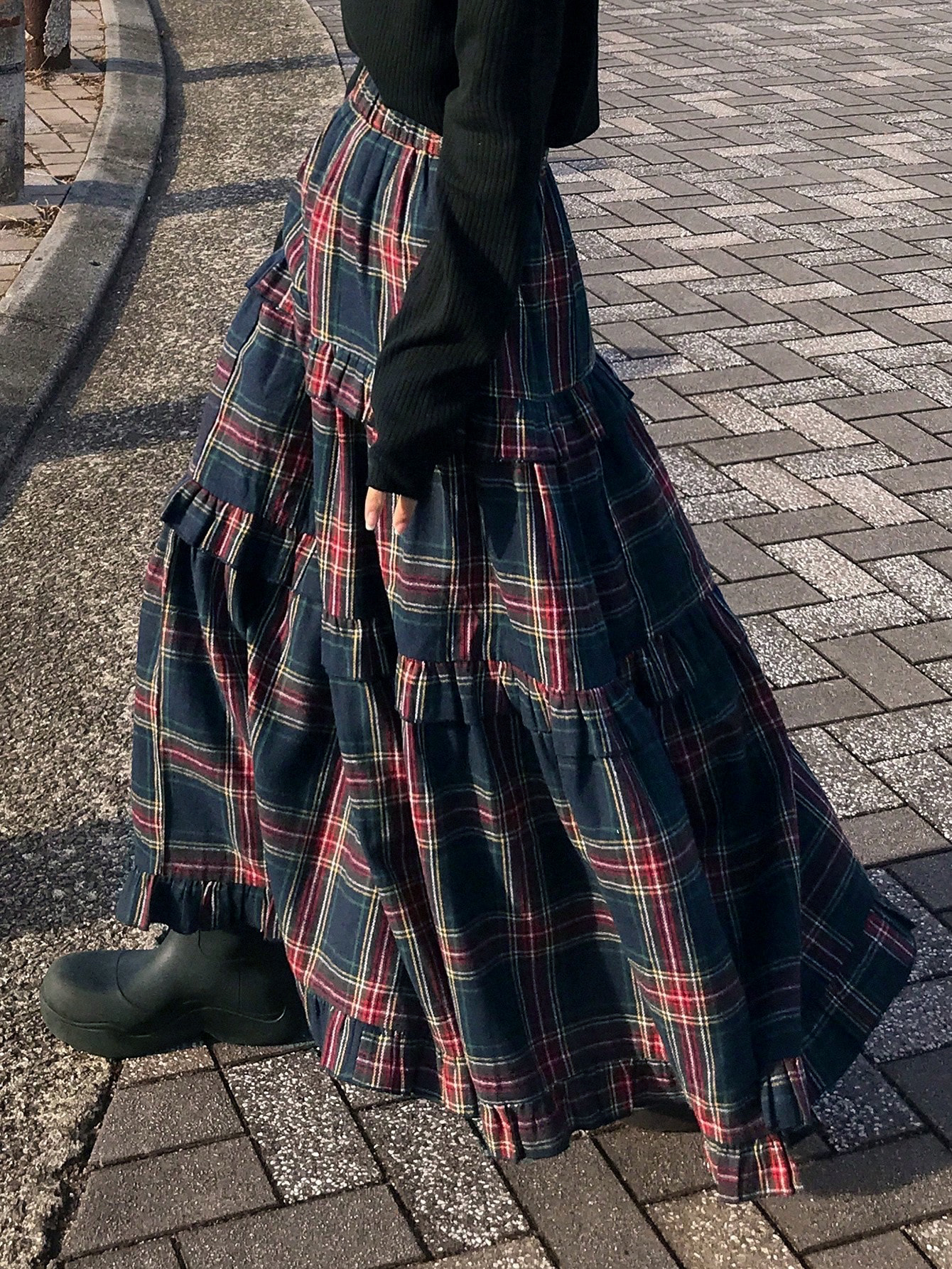レディースチェック柄マキシスカート、シャーリング