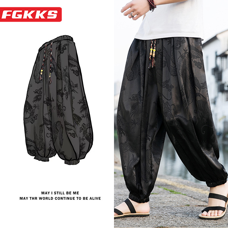 FGKKS 2023 アウトドアブランドパンツ男性 Lce シルクドラゴンダークフラワールーズブルマ高品質ワイドレッグカジュアルズボン男性