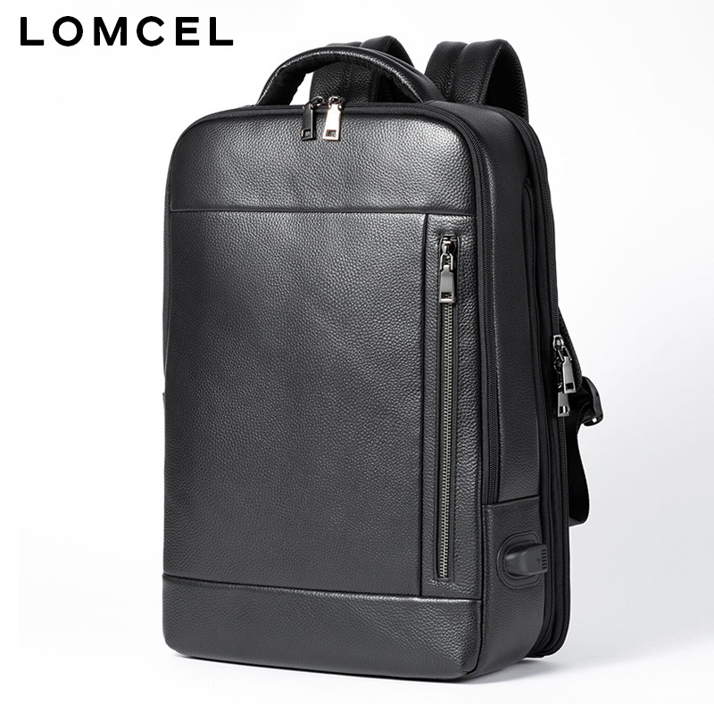 LOMCEL シンプルなメンズレザーデュアルショルダーバッグ - ビジネスファッション大容量 16 インチコンピュータラッカーパターン USB バックパック
