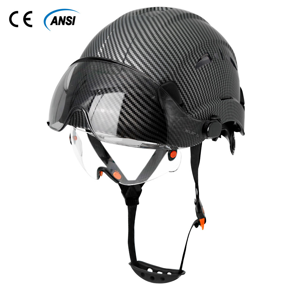 カーボンファイバーパターン安全ヘルメットダブルバイザーゴーグル付きエンジニアハードハット CE ANSI ABS 産業用ワークキャップレスキュー