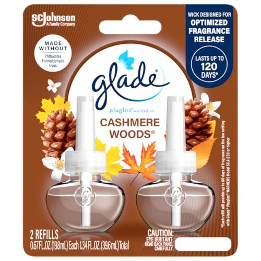 Glade PlugIns 詰め替え芳香剤、家庭およびバスルーム用の香りとエッセンシャルオイル、カシミアウッド、1.34 液量オンス、2 個