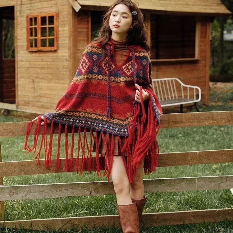 エスニックスタイルの春と秋のレトロな刺繍タッセル暖かいスカーフルーズニットショール卸売女性カジュアルケープコート