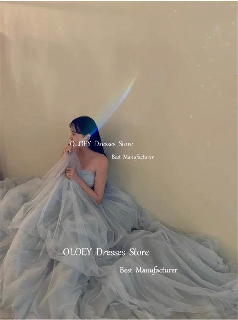 OLOEY シンプルなキラキラダスティブルーチュール韓国ウェディングドレス写真撮影ストラップレスグリッター妖精イブニングドレスフォーマルパーティードレス