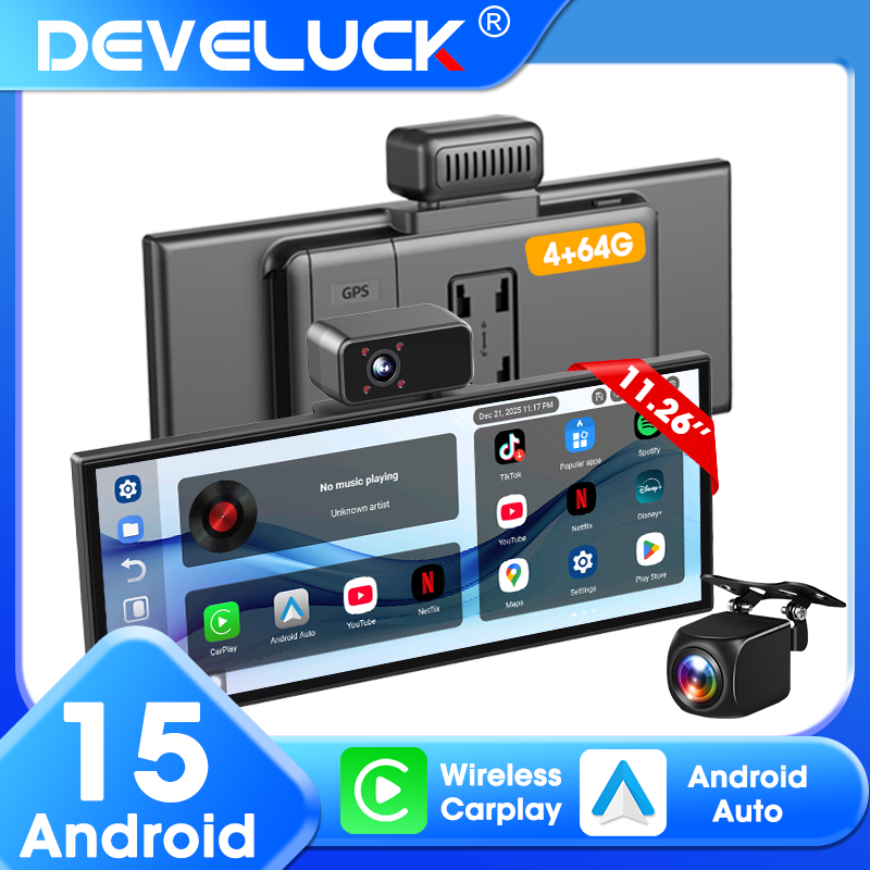 Develuck 新しい T503 11.26 インチダッシュカム Android 15 4 64G ワイヤレス車 CarPlay フロント