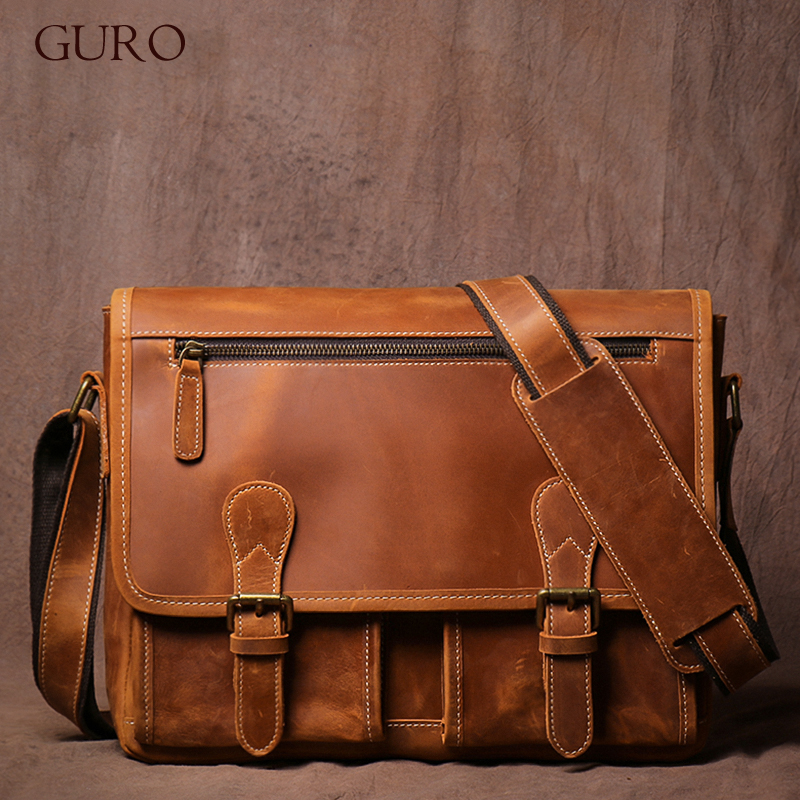GURO ヴィンテージ クレイジーホース レザー メッセンジャーバッグ メンズ 本物 高級 スリング ショルダーバッグ オフィス ブリーフケース クロスボディ 12.9 インチ iPad