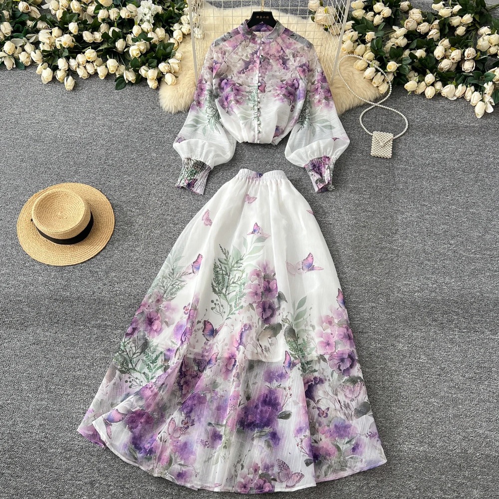 Elegant Print Single Breasted Chic Lantern Sleeves Slim Long Dresses High Waist Skirt French Evening High Street Two-piece Sets