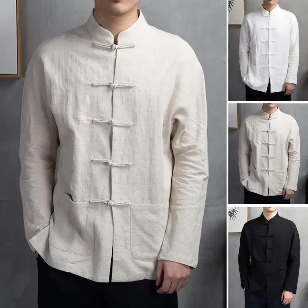 綿繁体字中国語唐装トップ服男性長袖カンフー太極拳制服春秋シャツブラウスコート