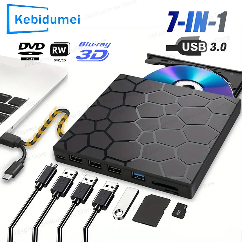 KEBIDUMEI ポータブル DVD プレーヤー 7 in 1 外付け CD/DVD RW ドライブ USB 3.0 タイプ C CD バーナー外付けディスクドライブデスクトップラップトップ用