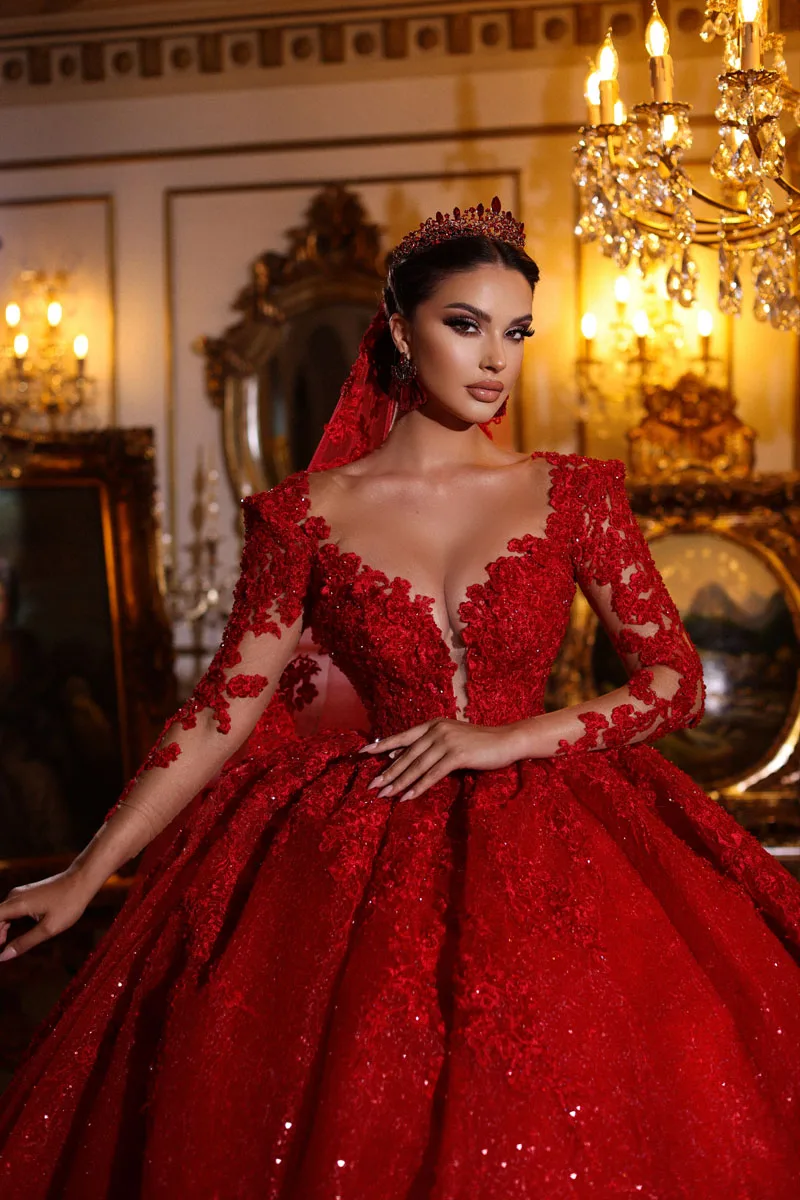 Customzied ドバイゴージャスなレース赤のウェディングドレスキラキラ結婚アラビアブライダルドレス長袖 Vestido デノビア