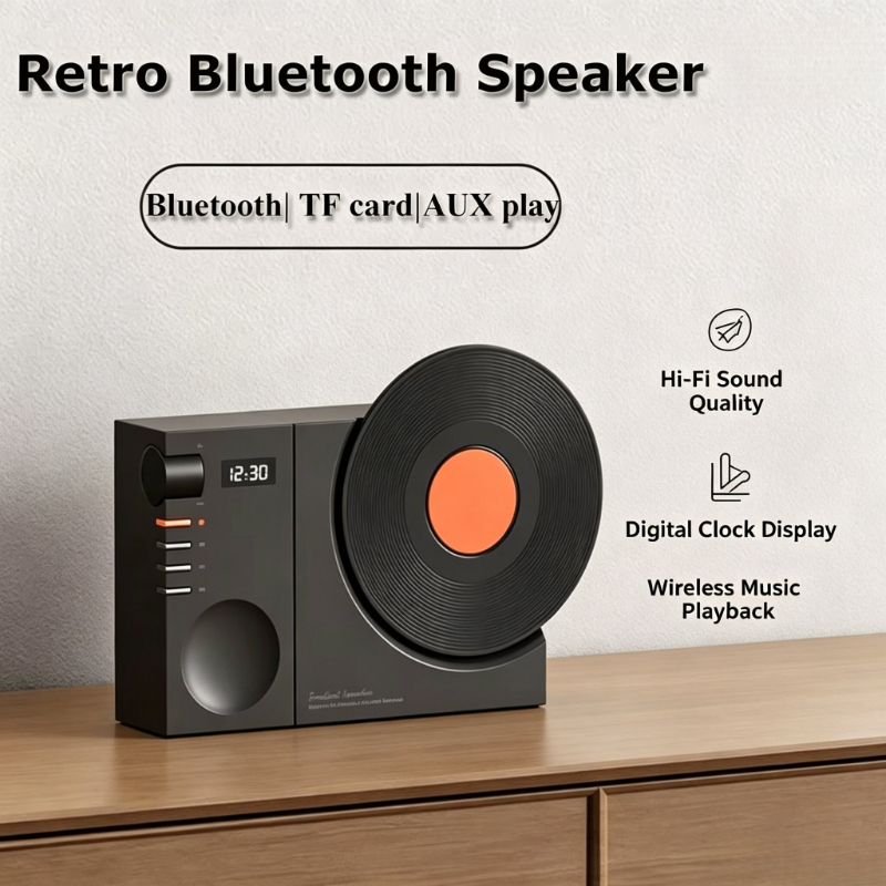 ミニレトロ Bluetooth 5.3 スピーカー AUX 再生ワイヤレス Hifi レトロフィルムサウンドオルゴール時計表示サポート TF カード付き